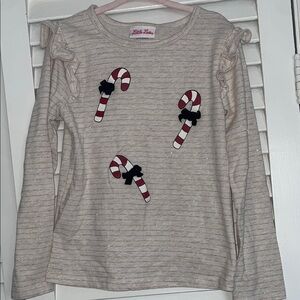 Little Lass Beige Striped Long Sleeve with Candy Cane Accents